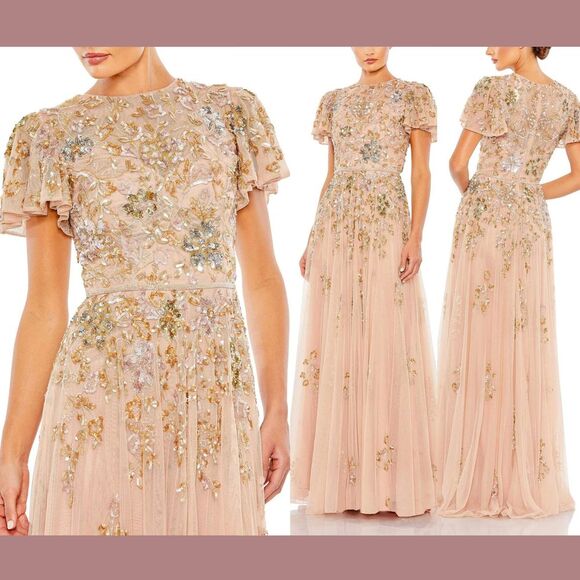 NWT Mac Duggal [ 14 ] 5717 Embellished Butterfly Sleeve High Neck Gown Nude Gold - Picture 1 of 16